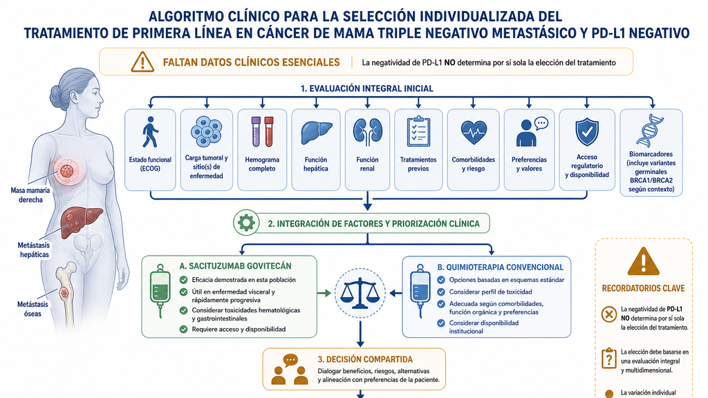 La negatividad para PD-L1 orienta, pero no decide por sí sola; deben valorarse estado funcional, función orgánica, biomarcadores, carga tumoral, toxicidad, preferencias y acceso regulatorio.. Imagen educativa generada por IA; no corresponde a un estudio diagnóstico real.