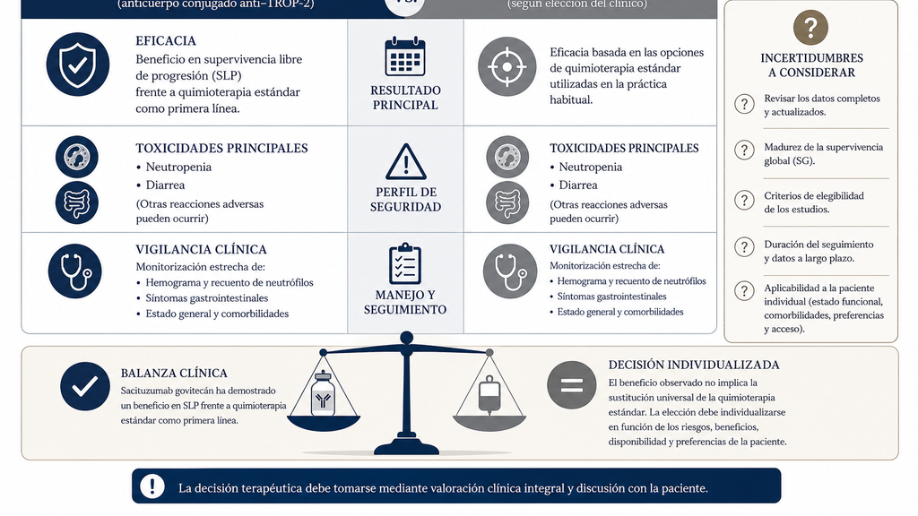 ASCENT-03 comunicó beneficio en supervivencia libre de progresión, pero la decisión exige considerar toxicidad, madurez de supervivencia global y aplicabilidad a la paciente concreta.. Imagen educativa generada por IA; no corresponde a un estudio diagnóstico real.
