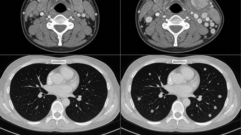 La valoración de posible hiperprogresión exige imágenes seriadas, mediciones reproducibles y correlación con el deterioro clínico.. Imagen educativa generada por IA; no corresponde a un estudio diagnóstico real.