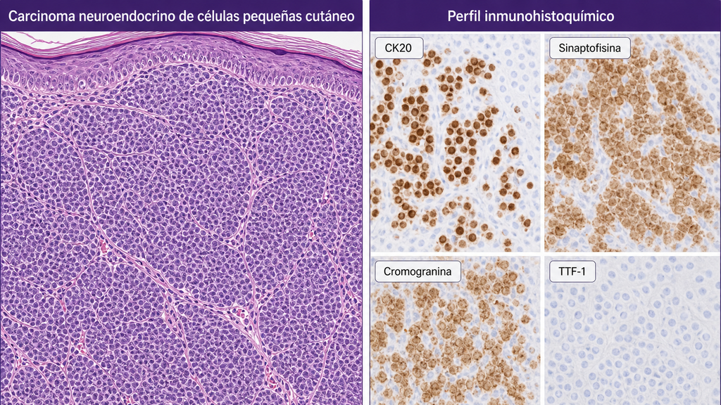 Esquema histopatológico e inmunohistoquímico del carcinoma de células de Merkel