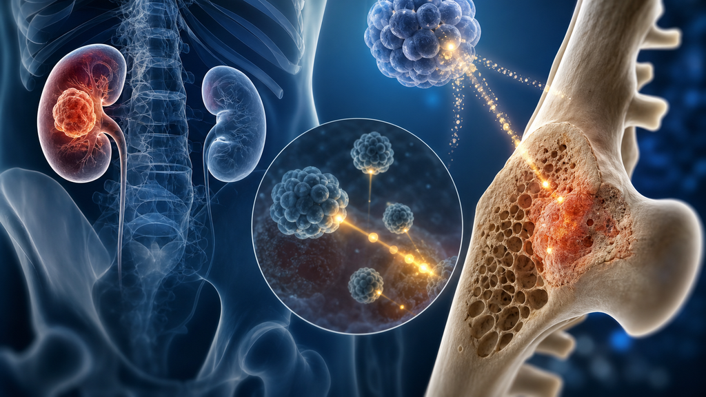 Ilustración científica de radio-223 y cabozantinib en metástasis óseas de carcinoma renal