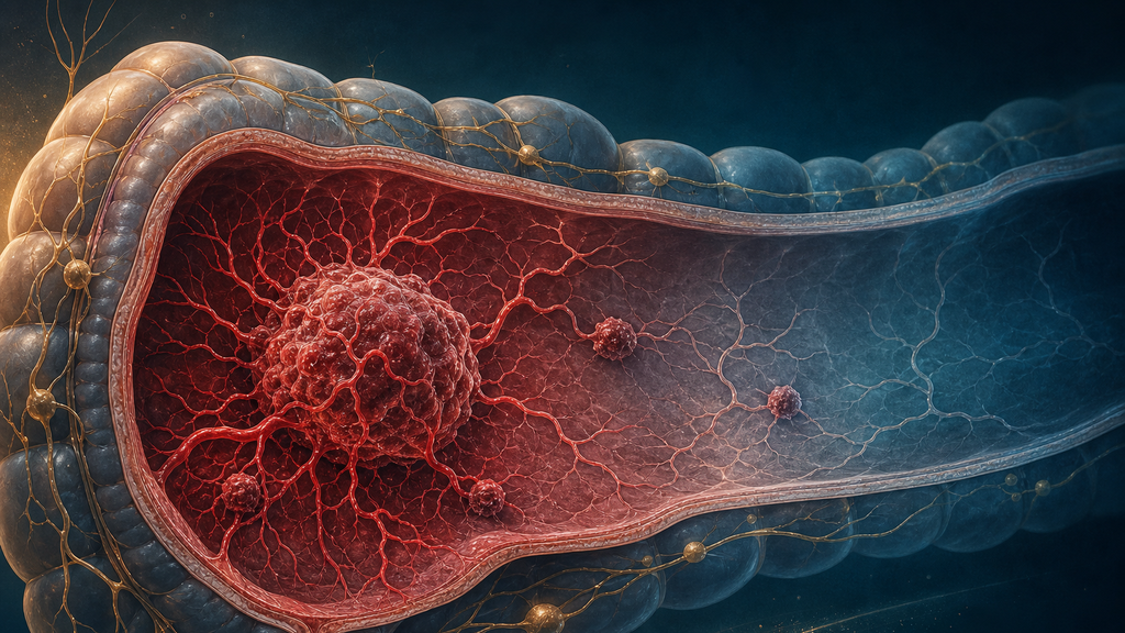 Ilustración médica abstracta de cáncer de recto metastásico con reducción de la vascularización tumoral.