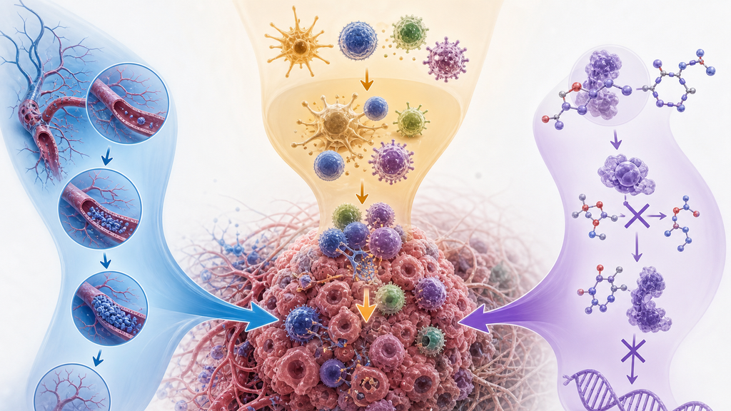 Esquema conceptual de tres mecanismos terapéuticos que convergen sobre el microambiente del cáncer colorrectal.