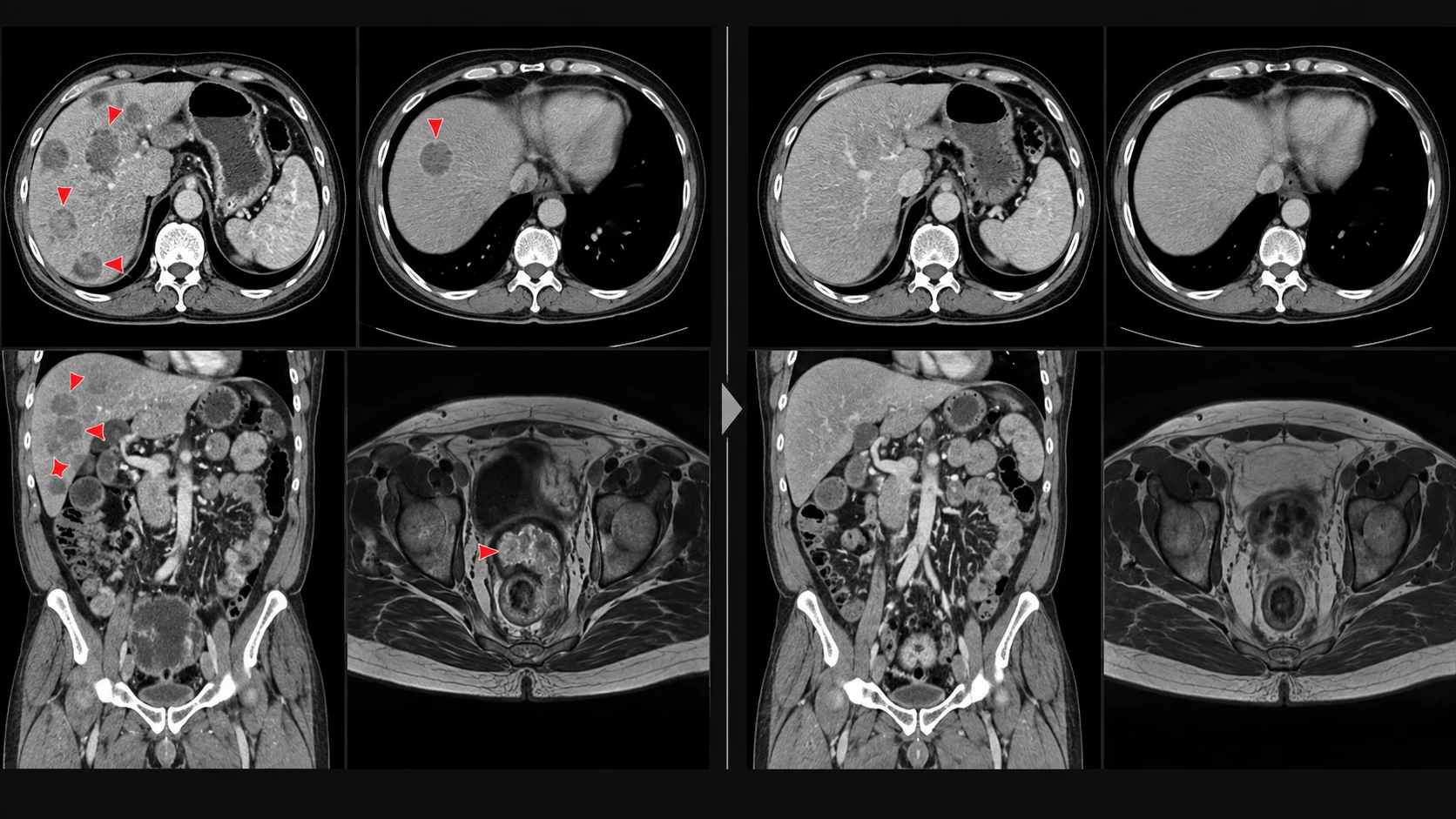 Comparación radiológica antes y después que muestra una reducción marcada de lesiones en un caso de cáncer de recto metastásico.