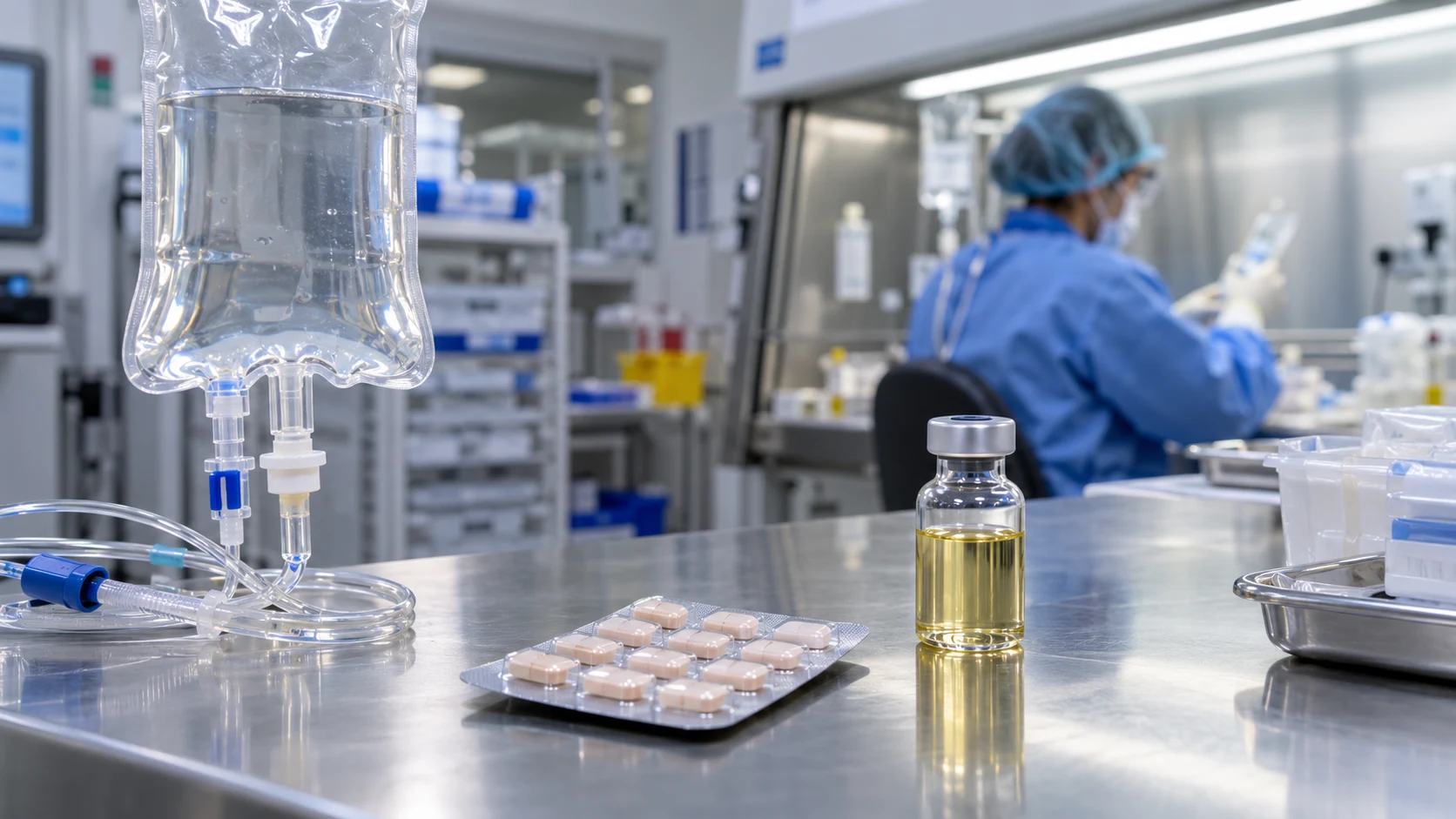 Preparación estéril de tratamientos oncológicos en una unidad hospitalaria moderna.