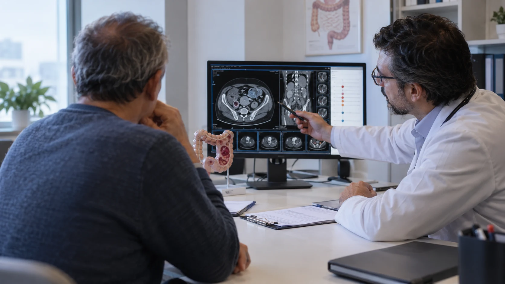 Oncólogo revisando estudios de imagen colorrectal con un paciente durante una consulta clínica.