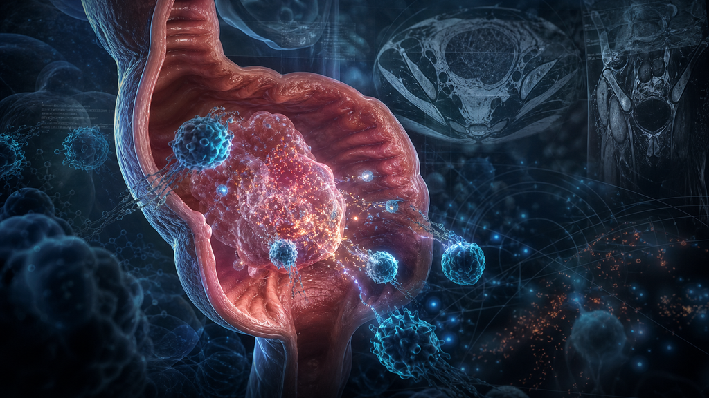 Ilustración científica conceptual de inmunoterapia anti-PD-1 dirigida a un tumor rectal con biomarcadores MSI-H o dMMR.