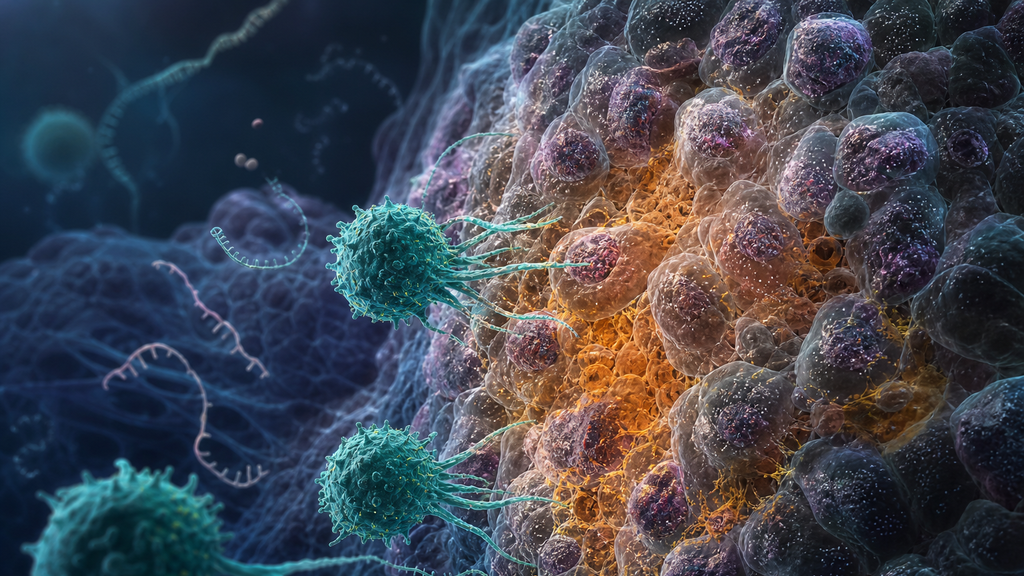 Ilustración científica conceptual de inmunoterapia de ARNm dirigida a antígenos HPV16 en cáncer escamoso de cabeza y cuello.